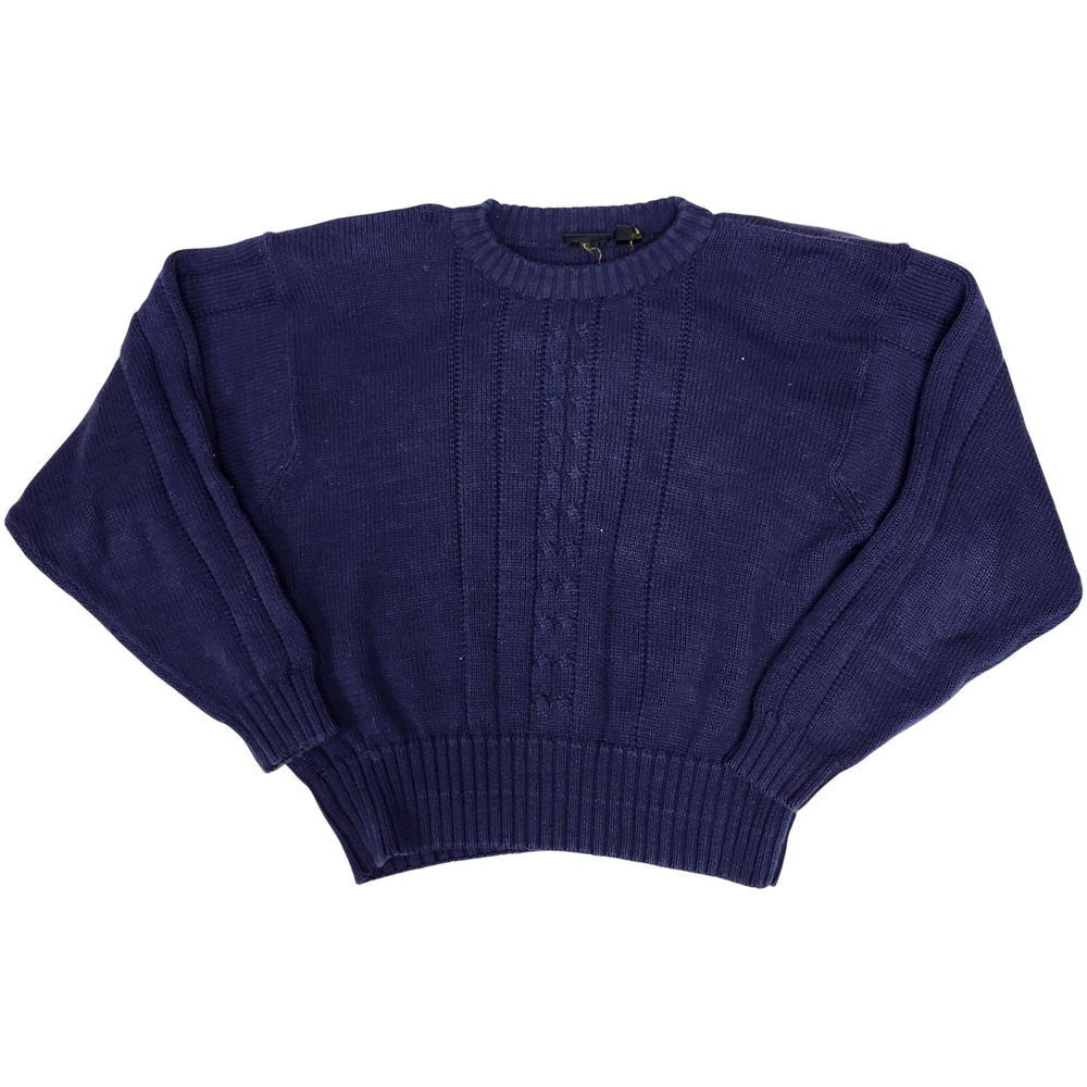 Vintage 80s Lizsport Cable Knit Boxy Sweater Navy Ribbed Preppy Coastal Large